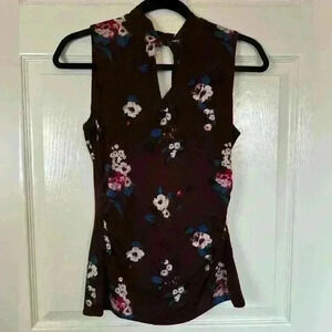 WHBM Whimsigoth Floral Plum Career Work Wear Twist Front Keyhole Knit Top Size X